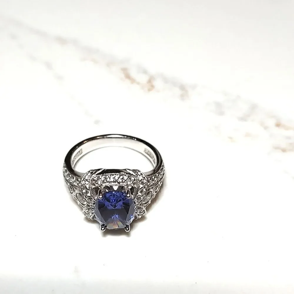 925 Silver Cubic Zirconia Amethyst Ring Stamped